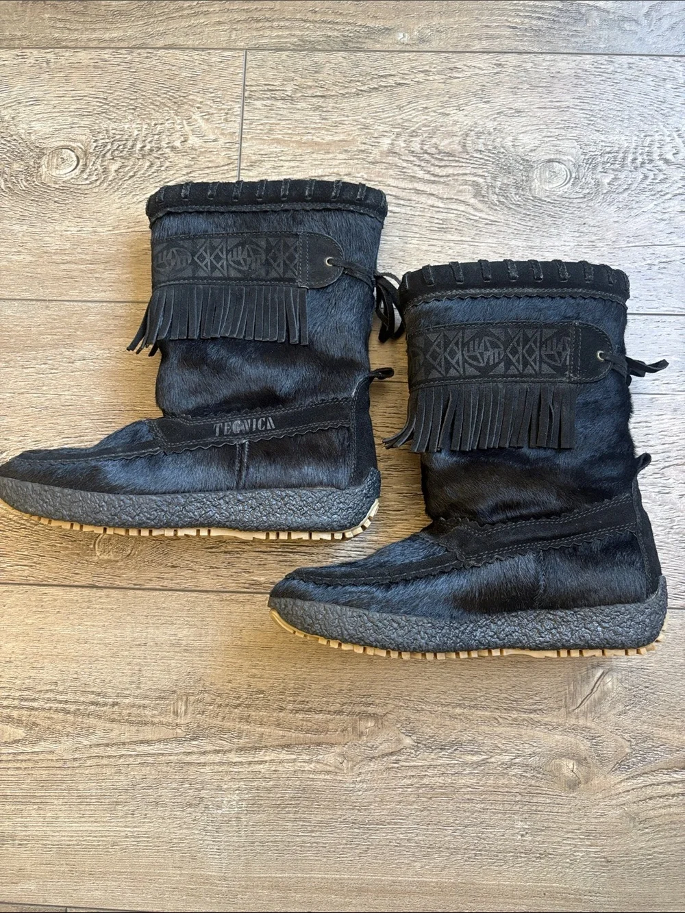 Tecnica Black Pony hair & Leather Fringe Winter Boots w Patterned Strap Details